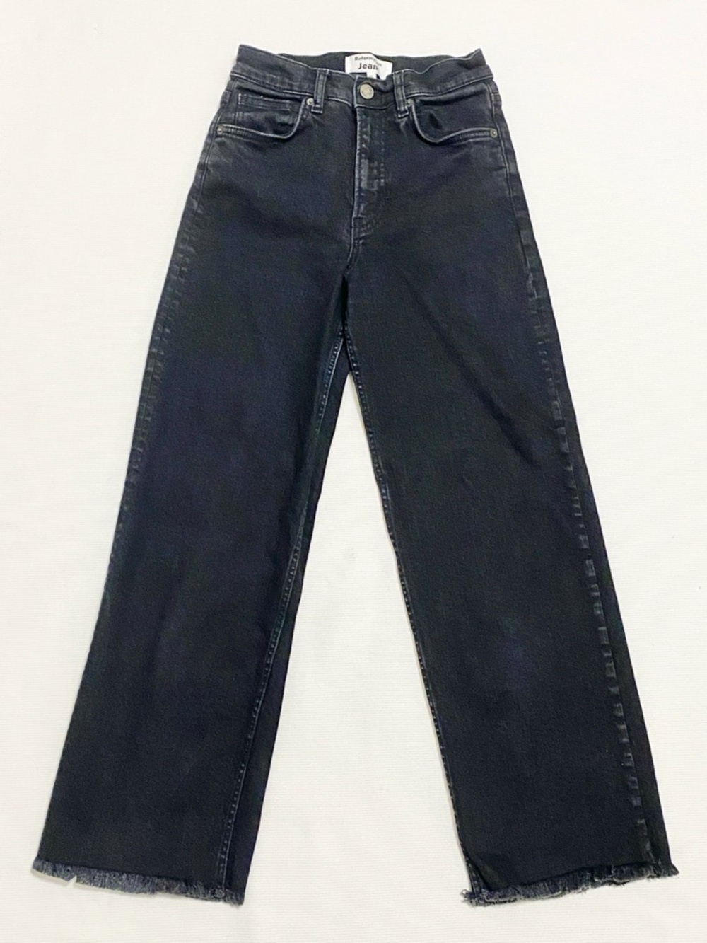 Reformation Emma High Rise Black Frayed Hem Wide Leg Jeans